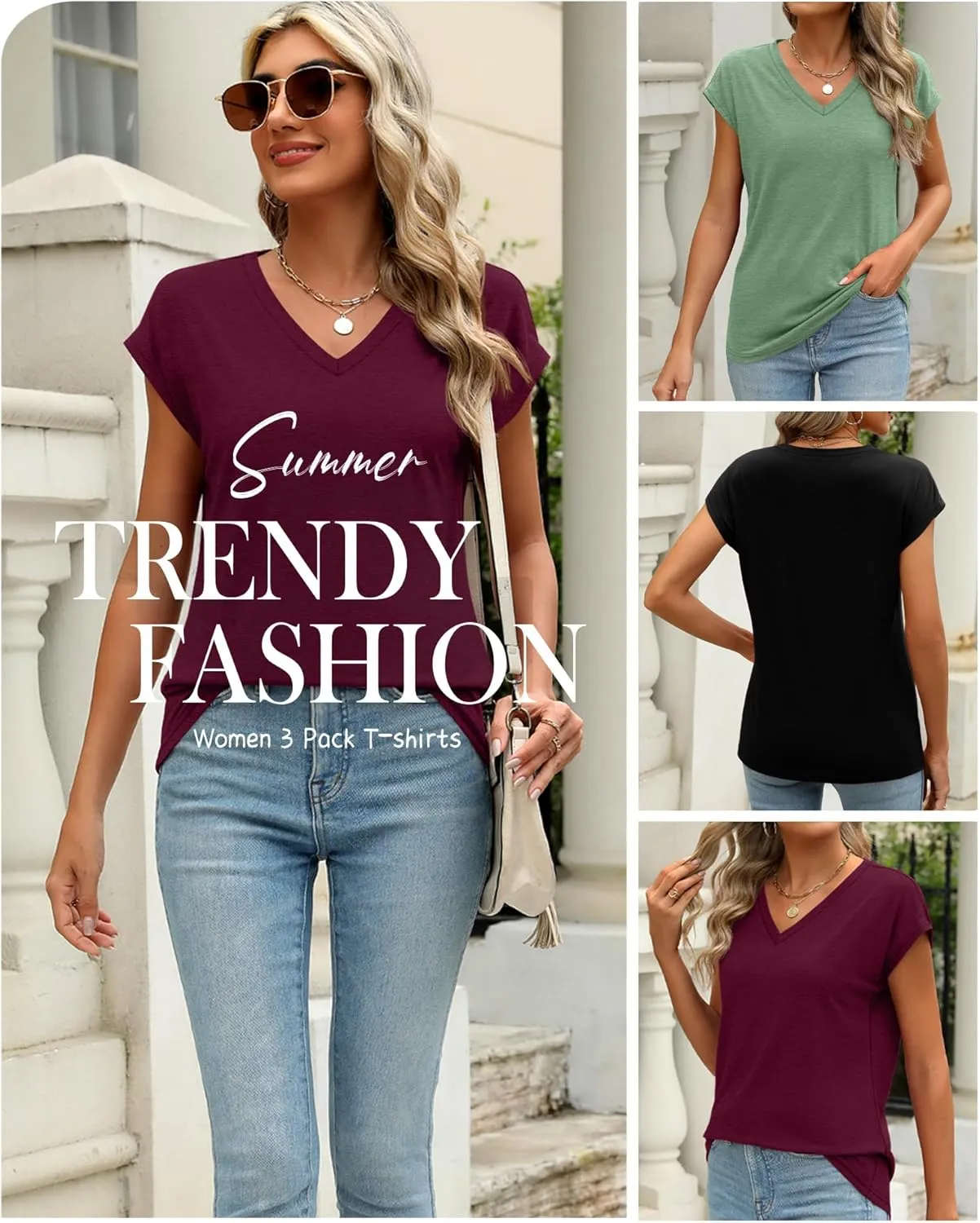 3 Pack Women's Cap Sleeve T Shirts Cotton V Neck Tops Loose Fit Tshirts Soft Basic Casual Summer Tee