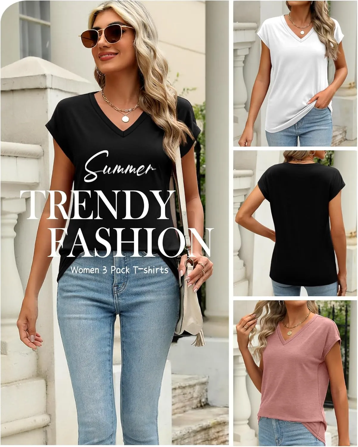 3 Pack Women's Cap Sleeve T Shirts Cotton V Neck Tops Loose Fit Tshirts Soft Basic Casual Summer Tee