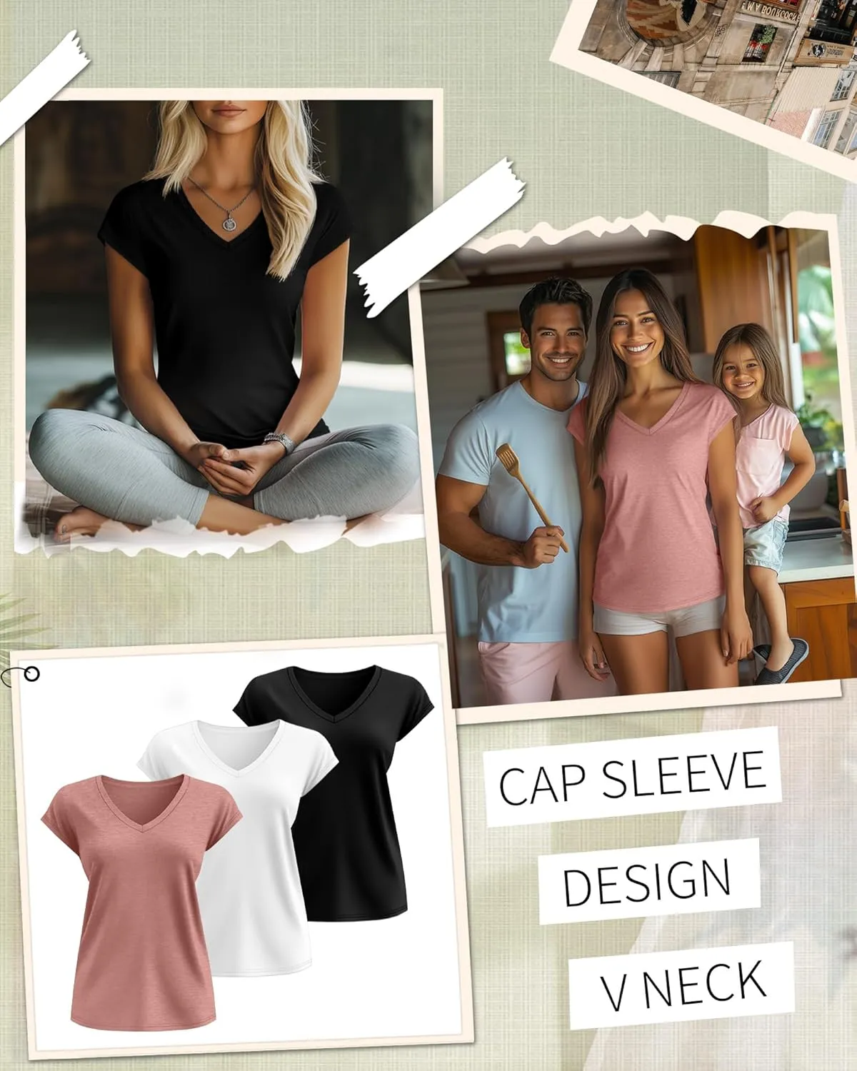 3 Pack Women's Cap Sleeve T Shirts Cotton V Neck Tops Loose Fit Tshirts Soft Basic Casual Summer Tee