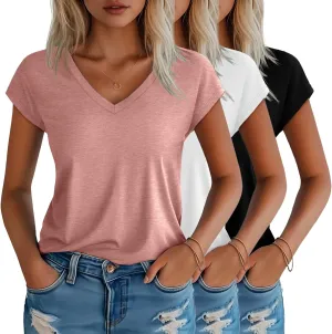 3 Pack Women's Cap Sleeve T Shirts Cotton V Neck Tops Loose Fit Tshirts Soft Basic Casual Summer Tee