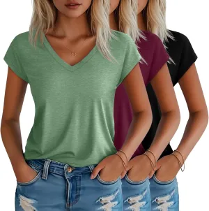 3 Pack Women's Cap Sleeve T Shirts Cotton V Neck Tops Loose Fit Tshirts Soft Basic Casual Summer Tee