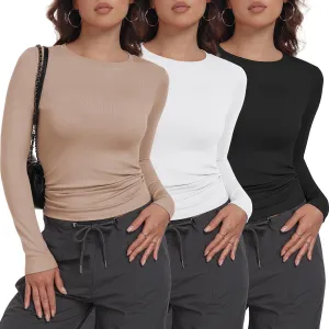 3 Pack Womens Long Sleeve Shirts Crew Neck Basic Stretchy Fitted Y2K Tops Going Out Fashion Clothes