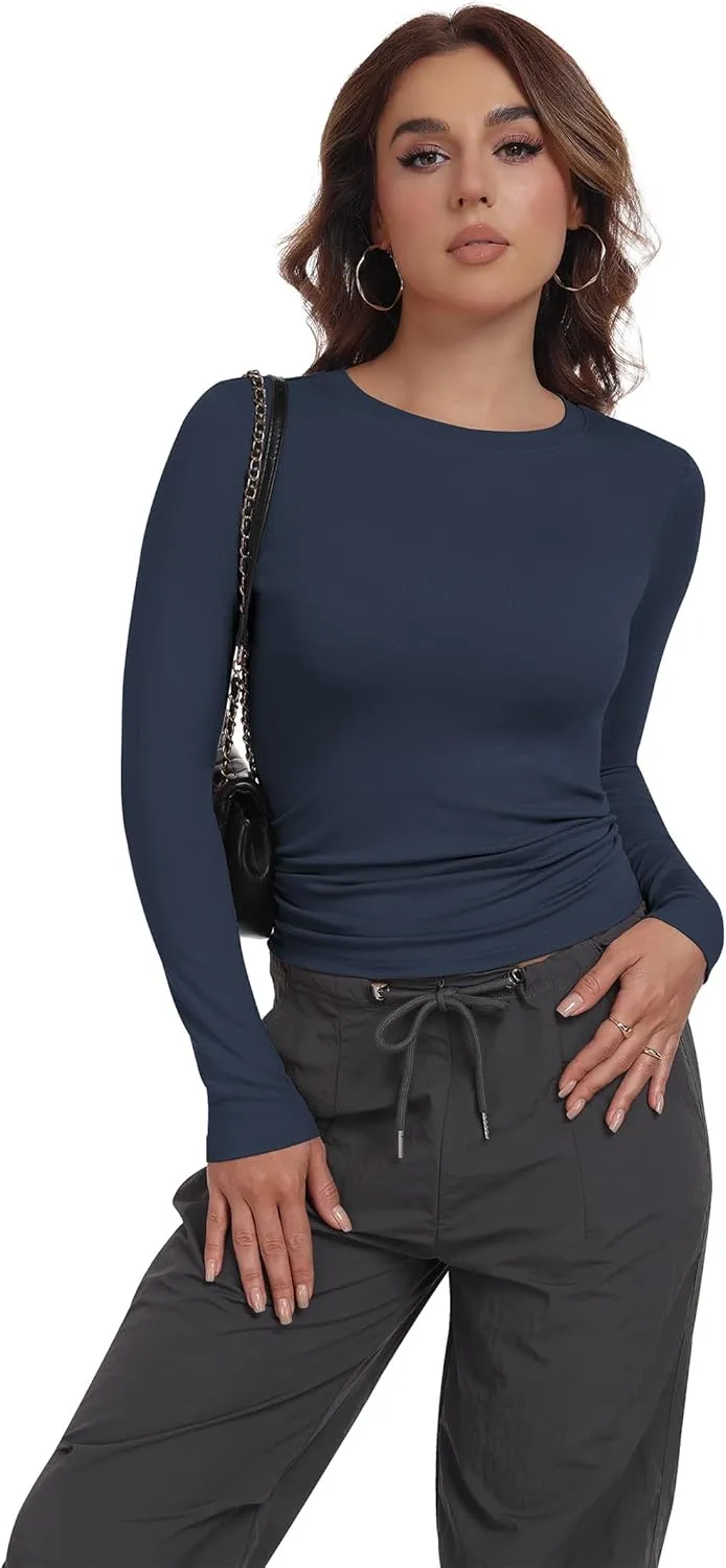 3 Pack Womens Long Sleeve Shirts Crew Neck Basic Stretchy Fitted Y2K Tops Going Out Fashion Clothes