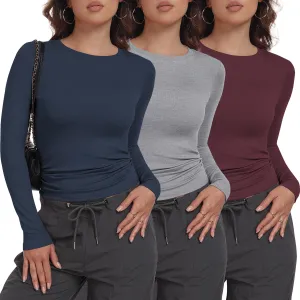 3 Pack Womens Long Sleeve Shirts Crew Neck Basic Stretchy Fitted Y2K Tops Going Out Fashion Clothes
