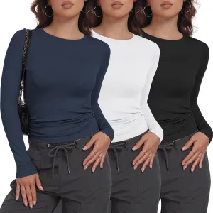 3 Pack Womens Long Sleeve Shirts Crew Neck Basic Stretchy Fitted Y2K Tops Going Out Fashion Clothes