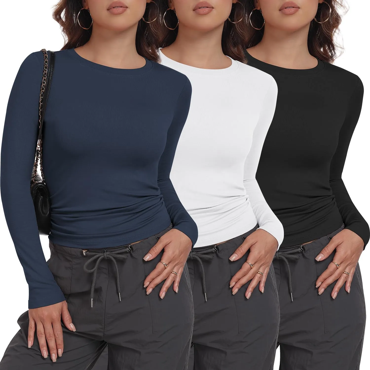 3 Pack Womens Long Sleeve Shirts Crew Neck Basic Stretchy Fitted Y2K Tops Going Out Fashion Clothes