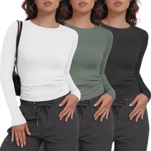 3 Pack Womens Long Sleeve Shirts Crew Neck Basic Stretchy Fitted Y2K Tops Going Out Fashion Clothes