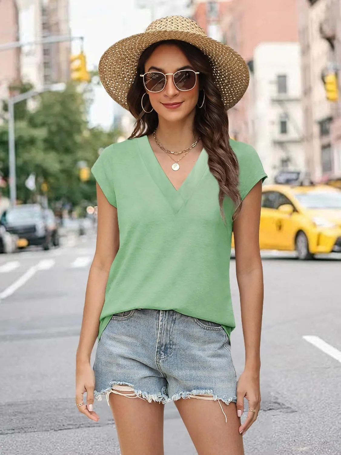 3 Pack Womens Tops V Neck Cap Sleeve T-Shirts Summer Beach Vacation Clothes 2025 Spring Casual Outfits Fashion Basic Tee