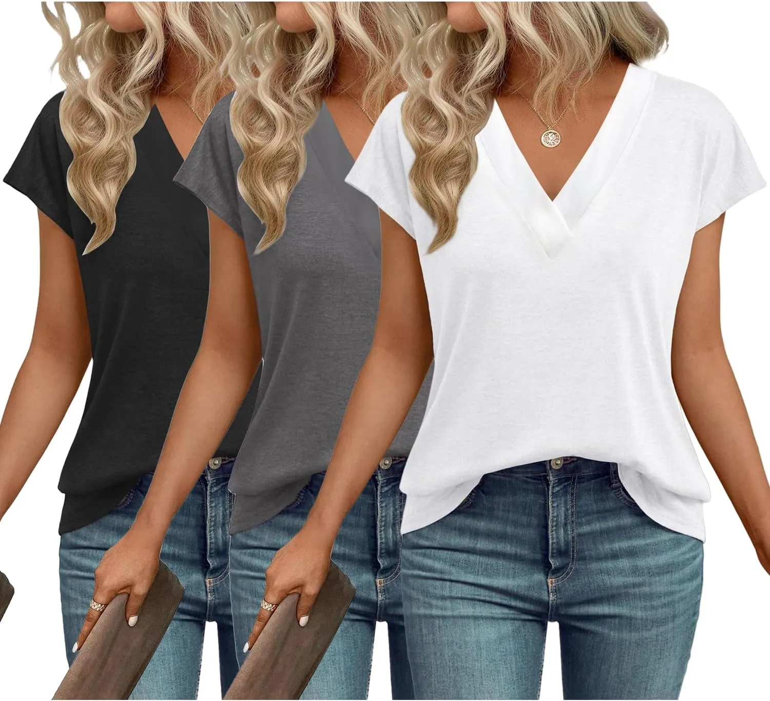 3 Pack Womens Tops V Neck Cap Sleeve T-Shirts Summer Beach Vacation Clothes 2025 Spring Casual Outfits Fashion Basic Tee