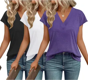 3 Pack Womens Tops V Neck Cap Sleeve T-Shirts Summer Beach Vacation Clothes 2025 Spring Casual Outfits Fashion Basic Tee