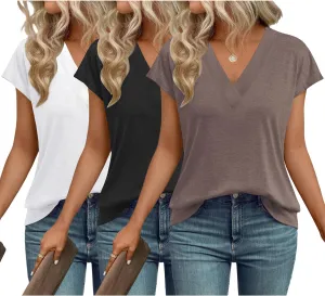 3 Pack Womens Tops V Neck Cap Sleeve T-Shirts Summer Beach Vacation Clothes 2025 Spring Casual Outfits Fashion Basic Tee