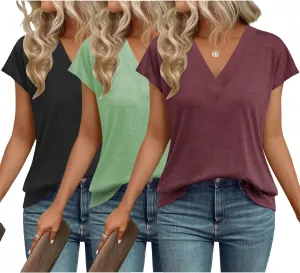 3 Pack Womens Tops V Neck Cap Sleeve T-Shirts Summer Beach Vacation Clothes 2025 Spring Casual Outfits Fashion Basic Tee