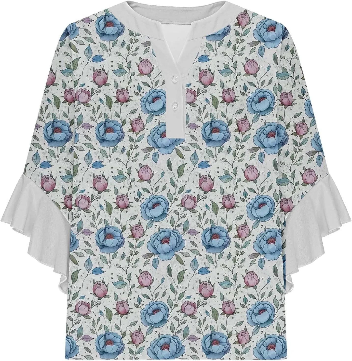 3/4 Sleeve Tops for Women Ruffle Sleeve Blouses Dressy Oversized Shirts Button V Neck Flowy Tunic Tops Retro Floral Tee