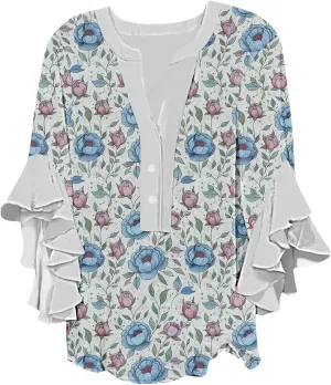 3/4 Sleeve Tops for Women Ruffle Sleeve Blouses Dressy Oversized Shirts Button V Neck Flowy Tunic Tops Retro Floral Tee