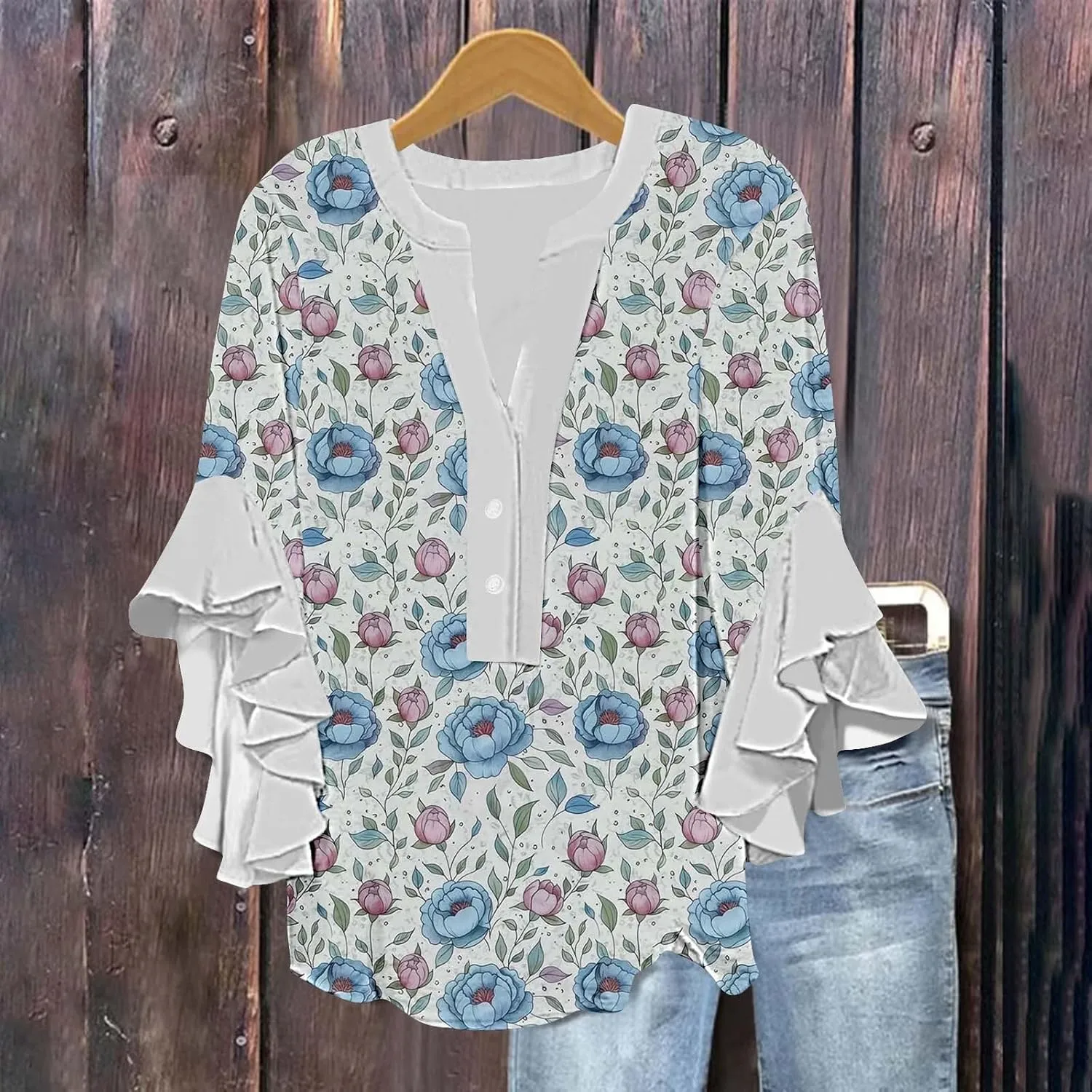 3/4 Sleeve Tops for Women Ruffle Sleeve Blouses Dressy Oversized Shirts Button V Neck Flowy Tunic Tops Retro Floral Tee