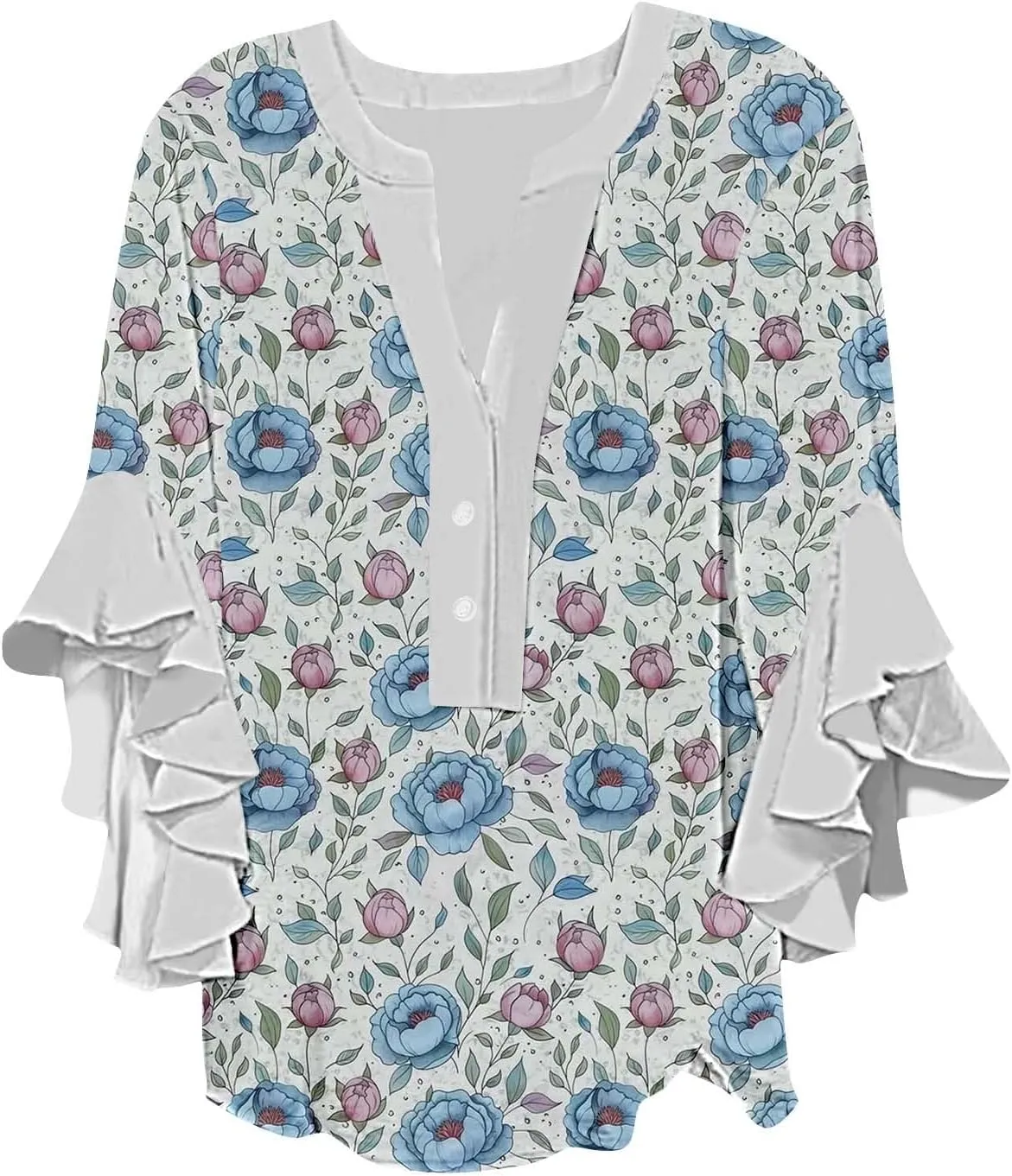 3/4 Sleeve Tops for Women Ruffle Sleeve Blouses Dressy Oversized Shirts Button V Neck Flowy Tunic Tops Retro Floral Tee