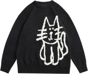 Aelfric Eden Women's Pullover Sweater Hand Drawn Cat Graphic Printed Oversized Sweater Fall Winter Fashion Couple Tops