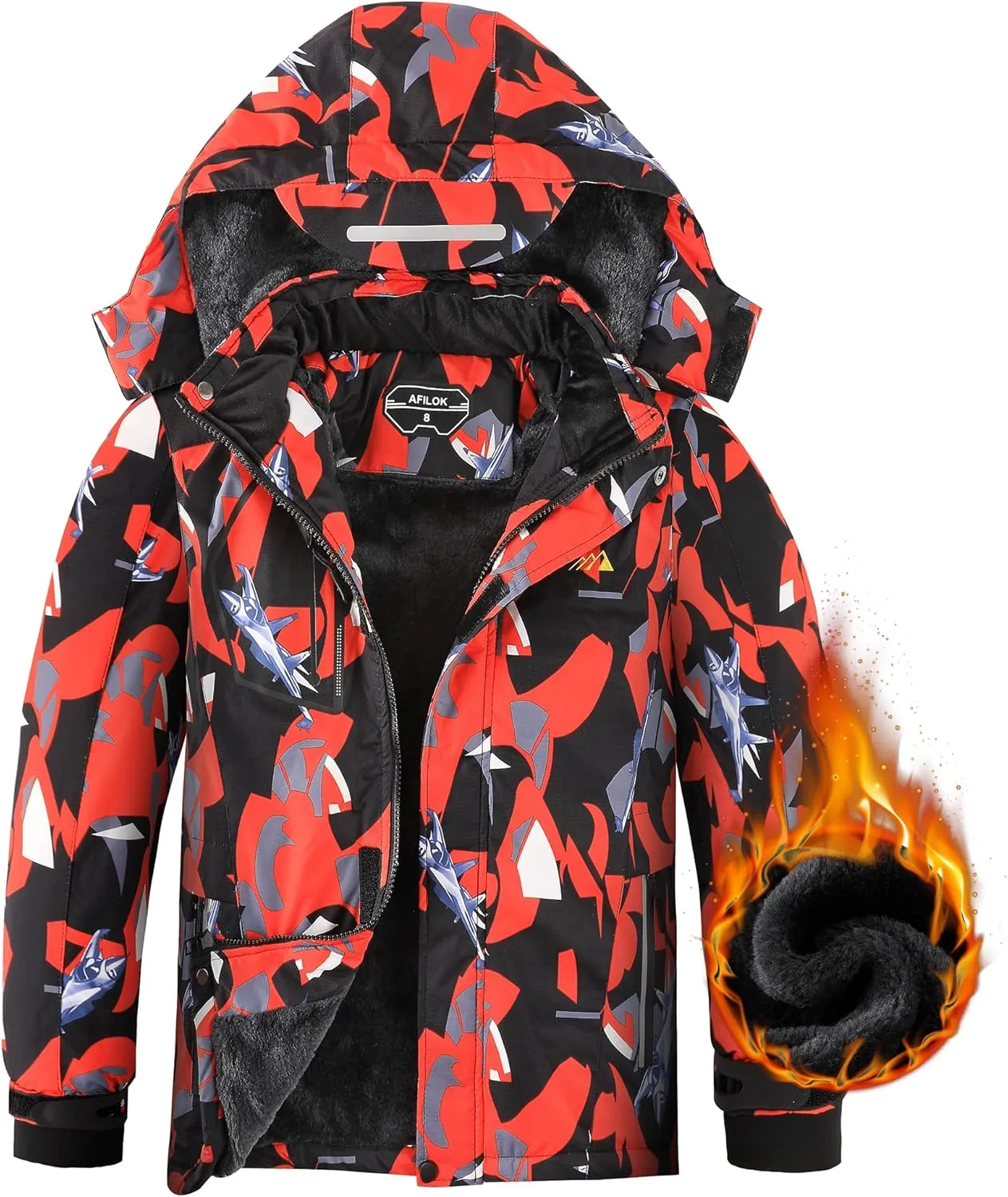 AFILOK Boy's Ski Jacket Waterproof Breathable Kids Fleece Lined Windproof Hooded Snowboard Coats
