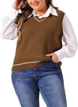 Agnes Orinda Plus Size Sweater Vest for Women V Neck Stripe Cable Knit Sleeveless Pullover Sweater Vest