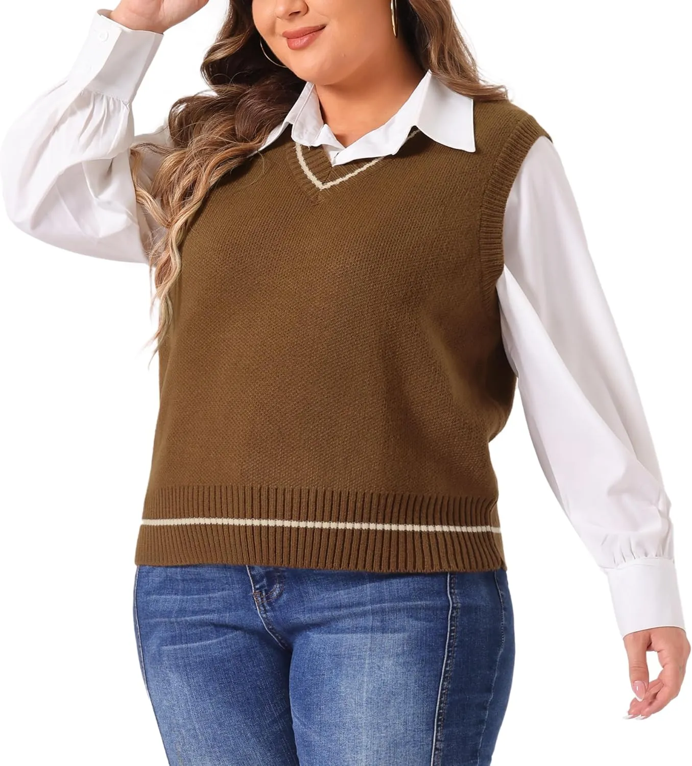 Agnes Orinda Plus Size Sweater Vest for Women V Neck Stripe Cable Knit Sleeveless Pullover Sweater Vest