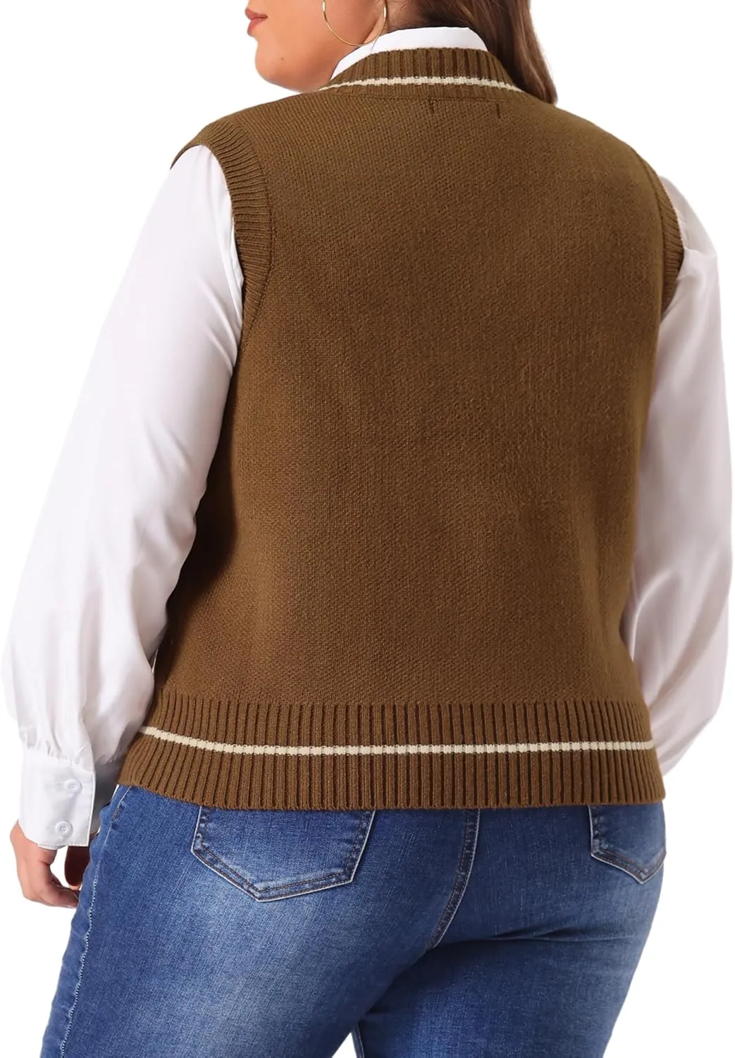 Agnes Orinda Plus Size Sweater Vest for Women V Neck Stripe Cable Knit Sleeveless Pullover Sweater Vest