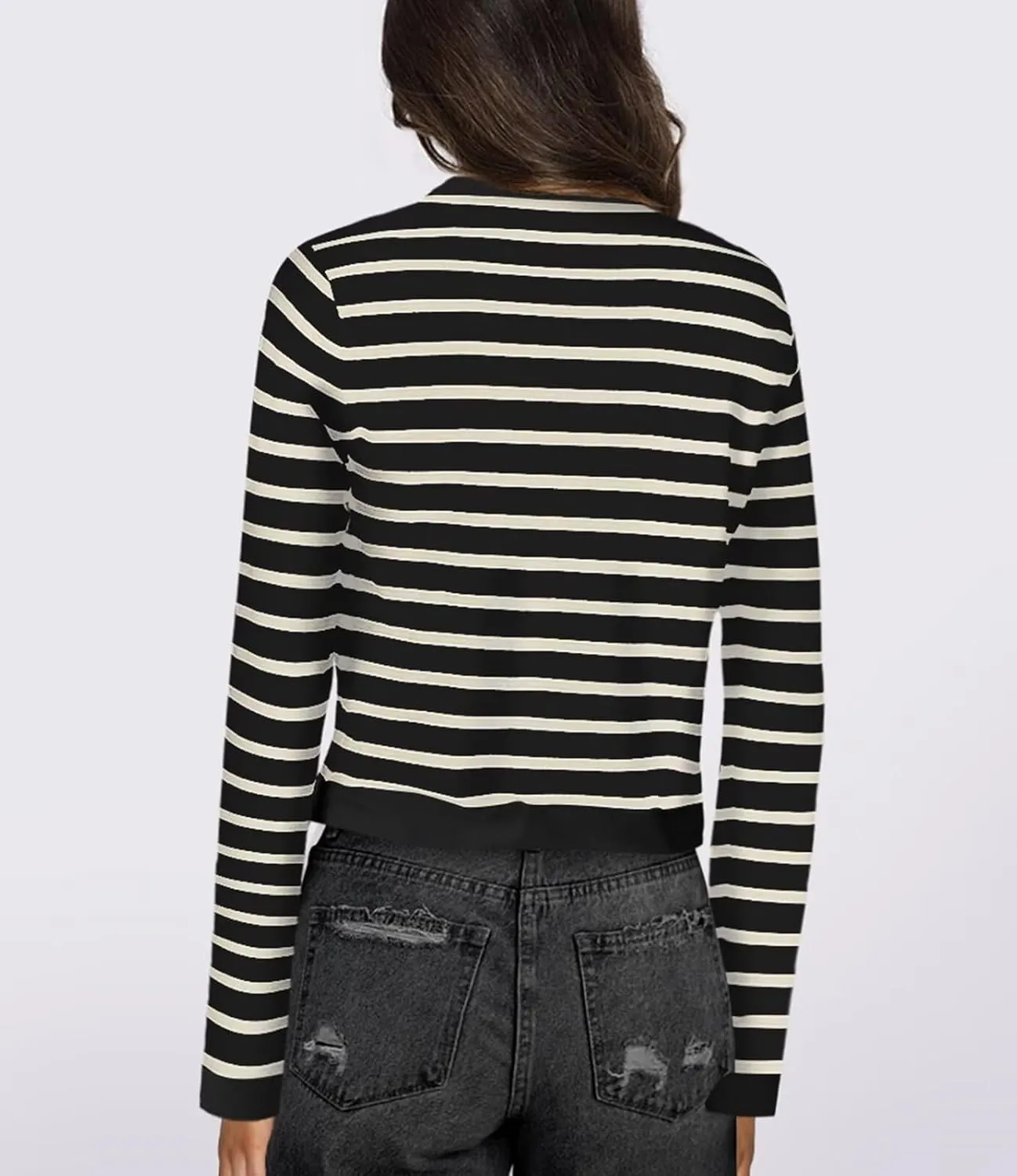Ahtyeo Women's Striped Cardigan Sweaters Long Sleeve Button Down Cropped Knit Lady Jacket Fall Outfits with Pockets