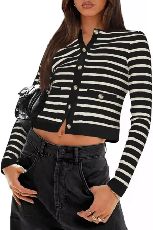 Ahtyeo Women's Striped Cardigan Sweaters Long Sleeve Button Down Cropped Knit Lady Jacket Fall Outfits with Pockets