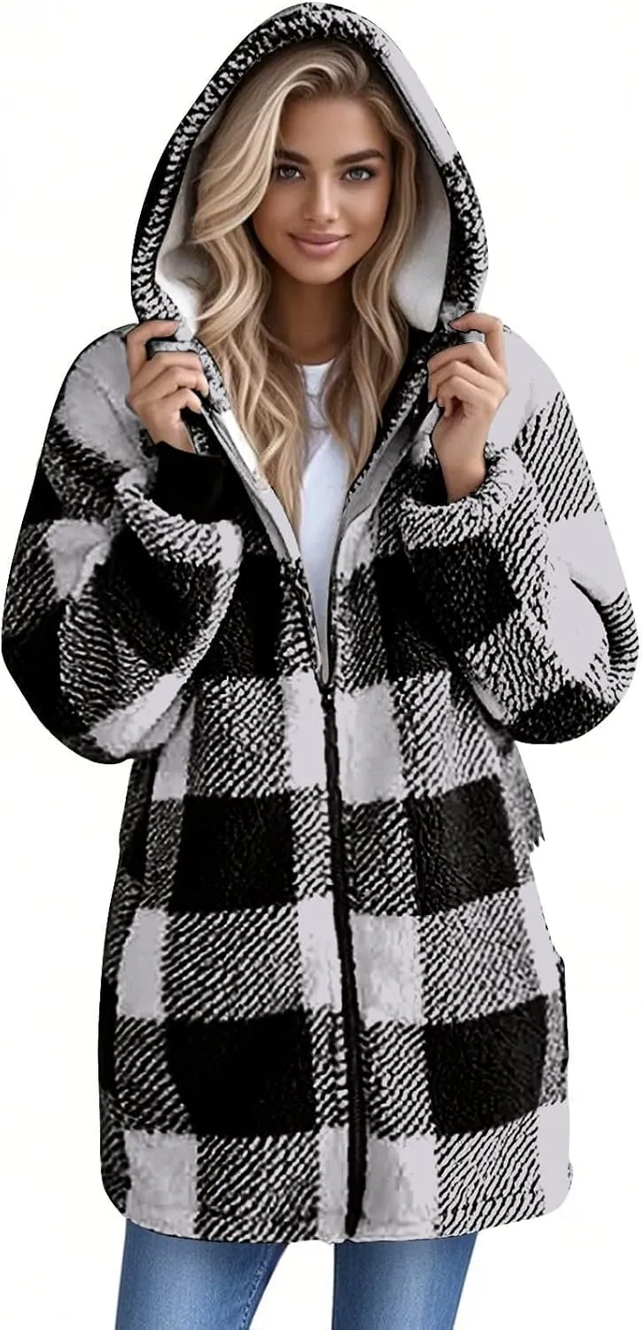 Akivide Women's Plaid Fluffy Fleece Sherpa Jacket Winter Warm Oversized Long Zip Up Hoodie Teddy Coat with Pockets