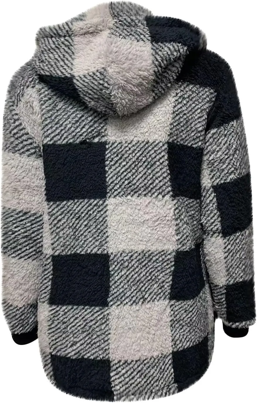 Akivide Women's Plaid Fluffy Fleece Sherpa Jacket Winter Warm Oversized Long Zip Up Hoodie Teddy Coat with Pockets