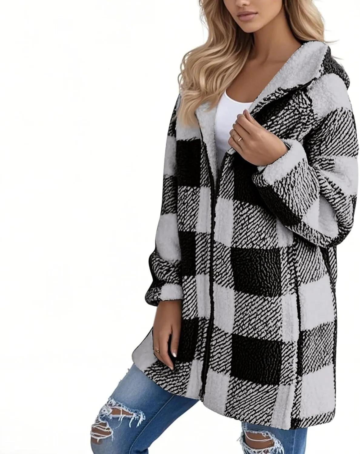 Akivide Women's Plaid Fluffy Fleece Sherpa Jacket Winter Warm Oversized Long Zip Up Hoodie Teddy Coat with Pockets