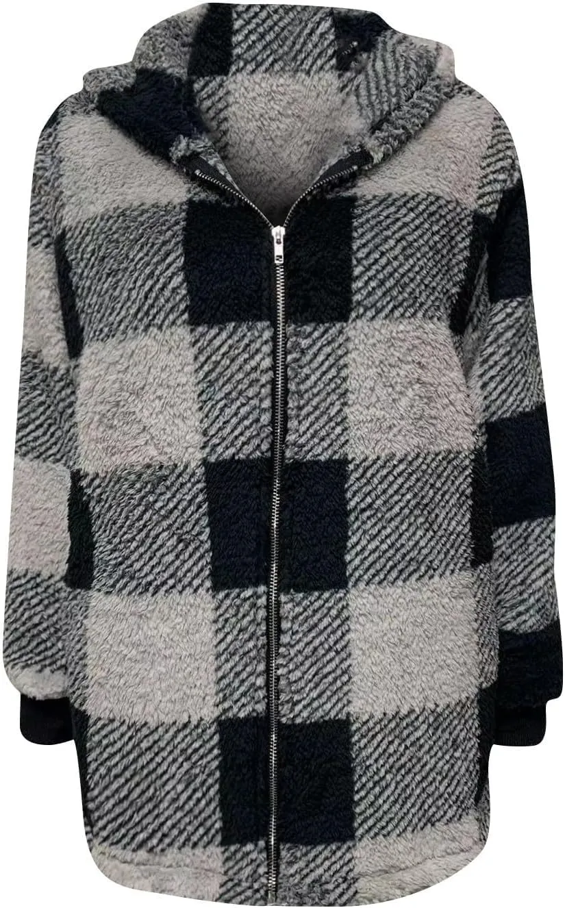 Akivide Women's Plaid Fluffy Fleece Sherpa Jacket Winter Warm Oversized Long Zip Up Hoodie Teddy Coat with Pockets