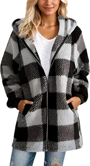 Akivide Women's Plaid Fluffy Fleece Sherpa Jacket Winter Warm Oversized Long Zip Up Hoodie Teddy Coat with Pockets