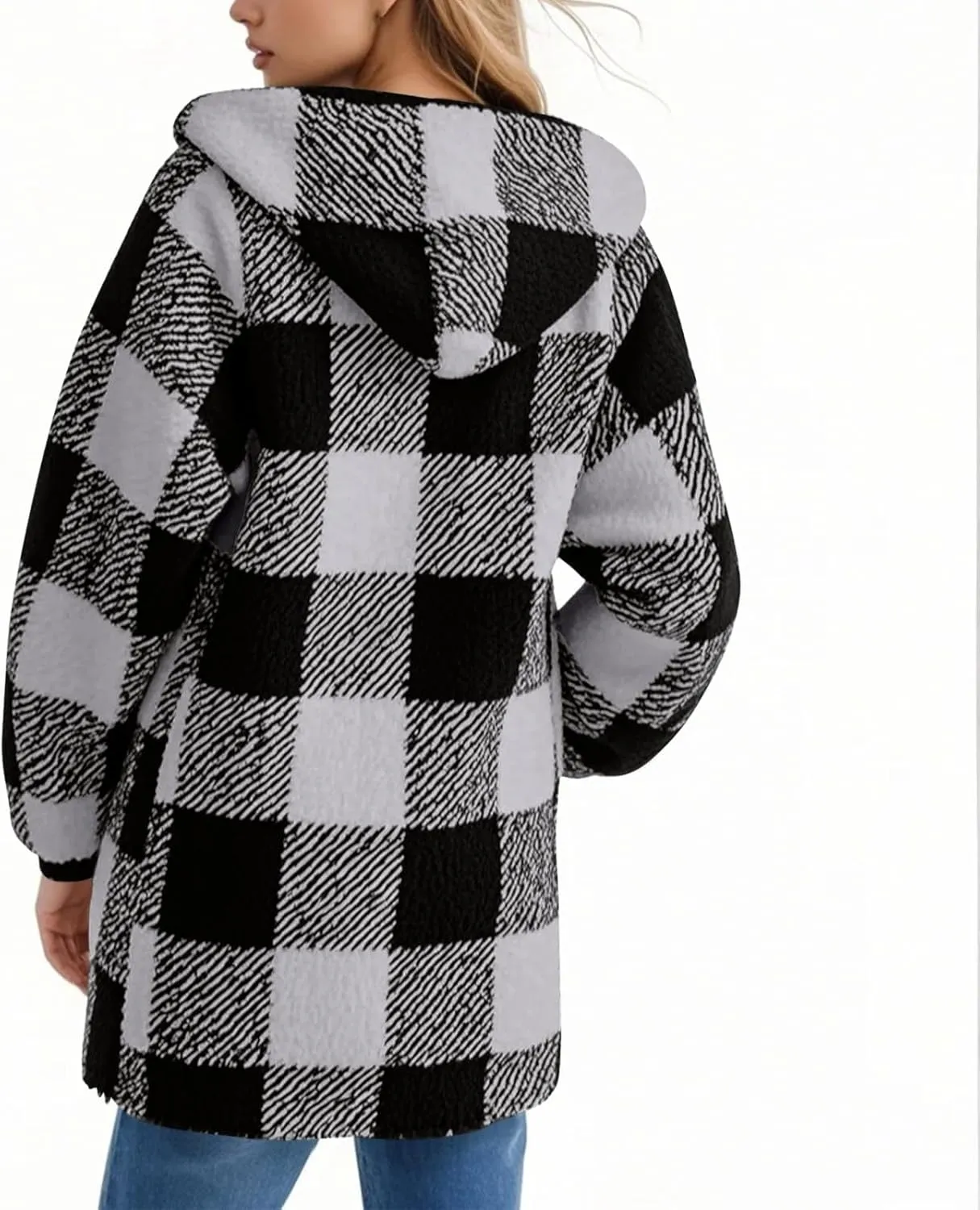Akivide Women's Plaid Fluffy Fleece Sherpa Jacket Winter Warm Oversized Long Zip Up Hoodie Teddy Coat with Pockets
