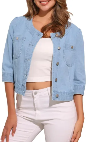 Allegra K Women's Casual Denim Jacket 3/4 Sleeve Collarless Cardigan Button Up Cropped Jean Jackets