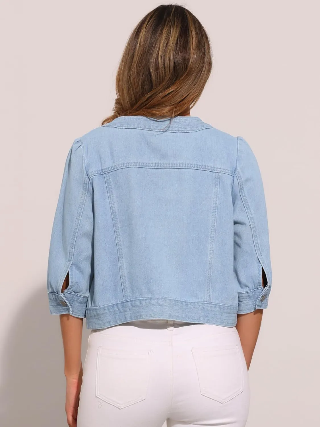 Allegra K Women's Casual Denim Jacket 3/4 Sleeve Collarless Cardigan Button Up Cropped Jean Jackets