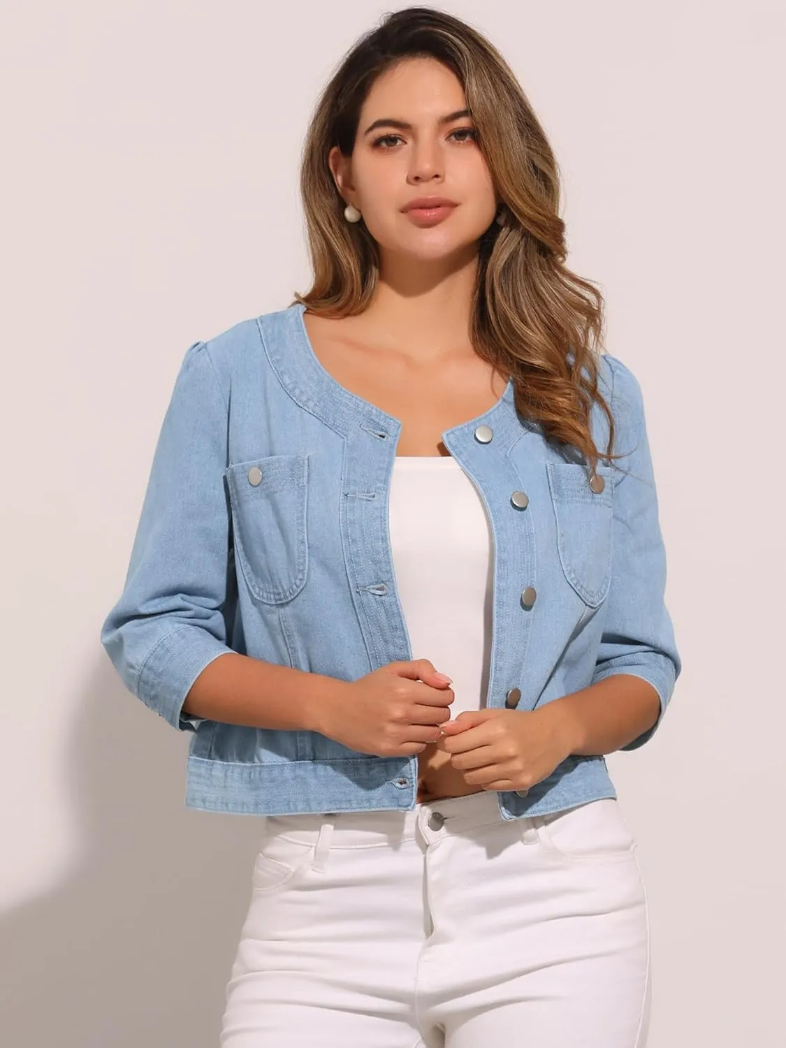 Allegra K Women's Casual Denim Jacket 3/4 Sleeve Collarless Cardigan Button Up Cropped Jean Jackets