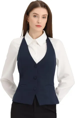 Allegra K Women's Waistcoat Halter Neck Vintage Sleeveless Button Down Dressy Suit Vest Jacket