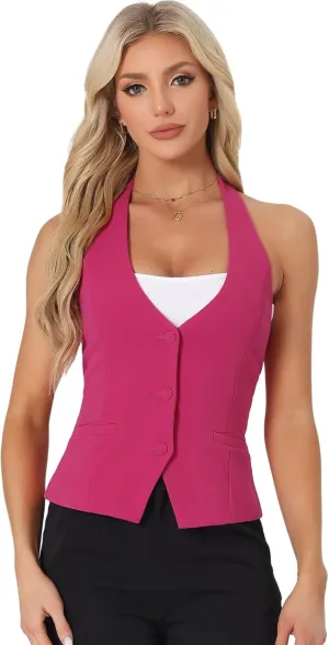 Allegra K Women's Waistcoat Halter Neck Vintage Sleeveless Button Down Dressy Suit Vest Jacket
