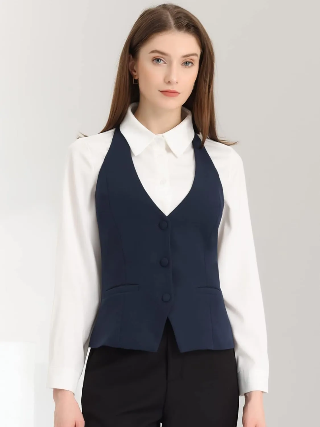 Allegra K Women's Waistcoat Halter Neck Vintage Sleeveless Button Down Dressy Suit Vest Jacket