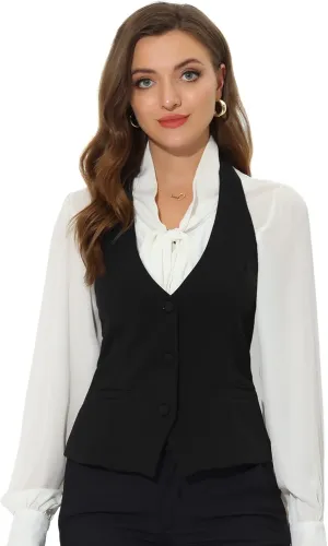 Allegra K Women's Waistcoat Halter Neck Vintage Sleeveless Button Down Dressy Suit Vest Jacket