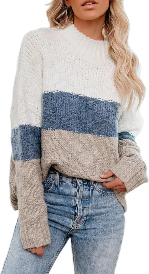 ANCAPELION Womens Casual Sweater Pullover Winter Cozy Long Sleeve Turtleneck Jumpers Color Block Knit Pullover Top Loose Fit