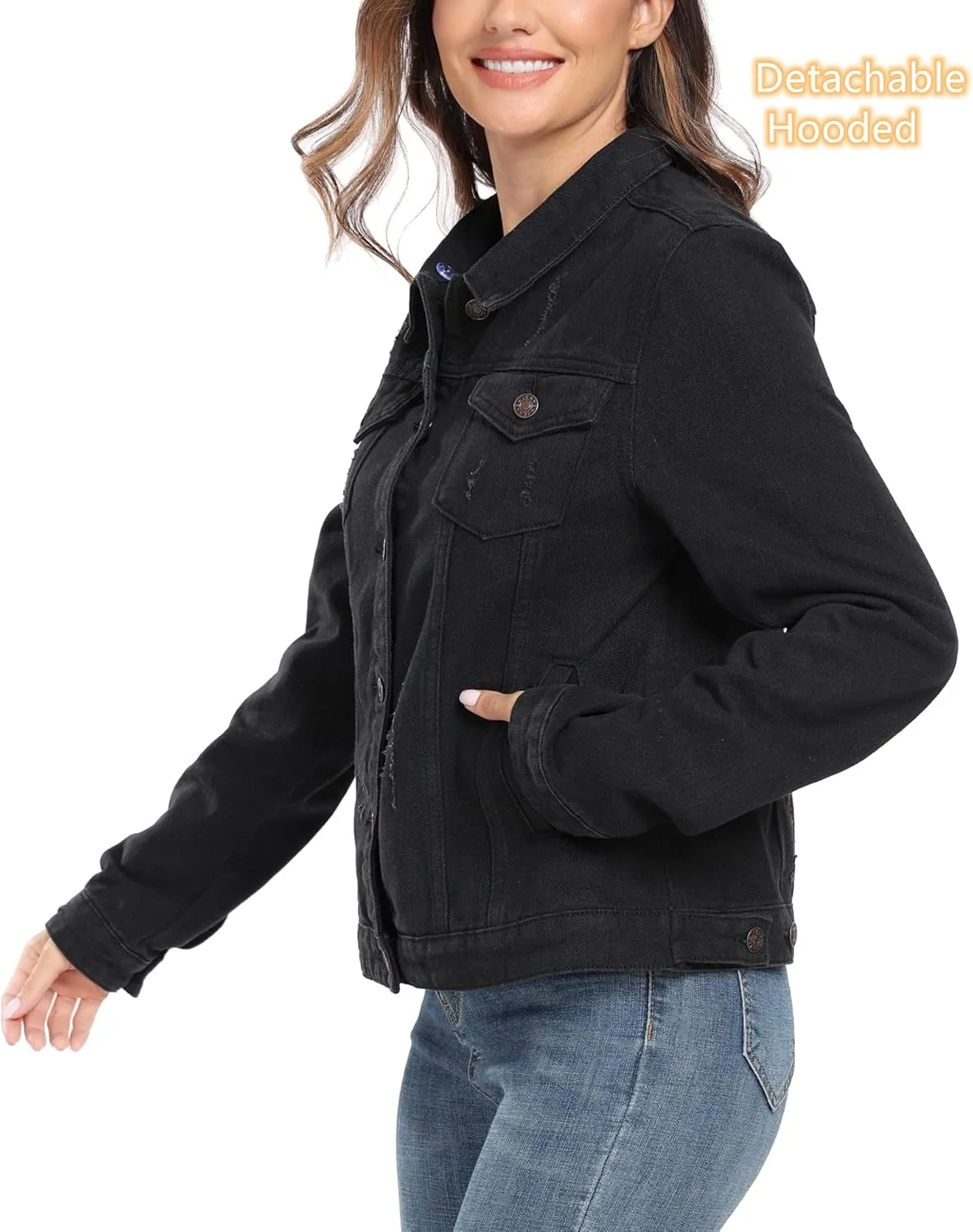 Anienaya Women's Hooded Jean Jacket Drawstring Layered Washed Long Sleeve Detachable Hoodie Denim Jacket w 2 Pockets