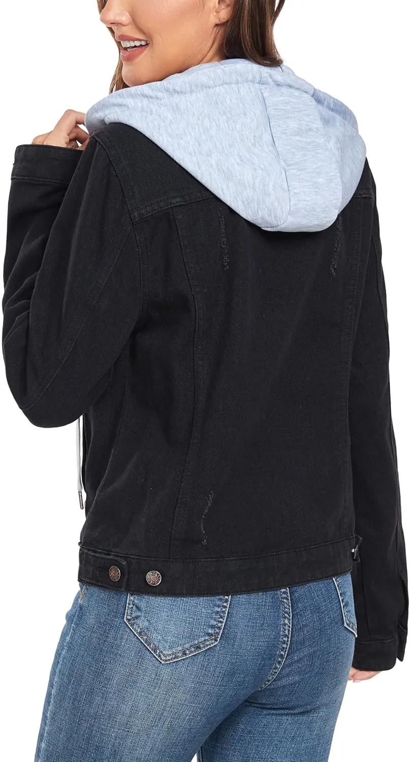 Anienaya Women's Hooded Jean Jacket Drawstring Layered Washed Long Sleeve Detachable Hoodie Denim Jacket w 2 Pockets