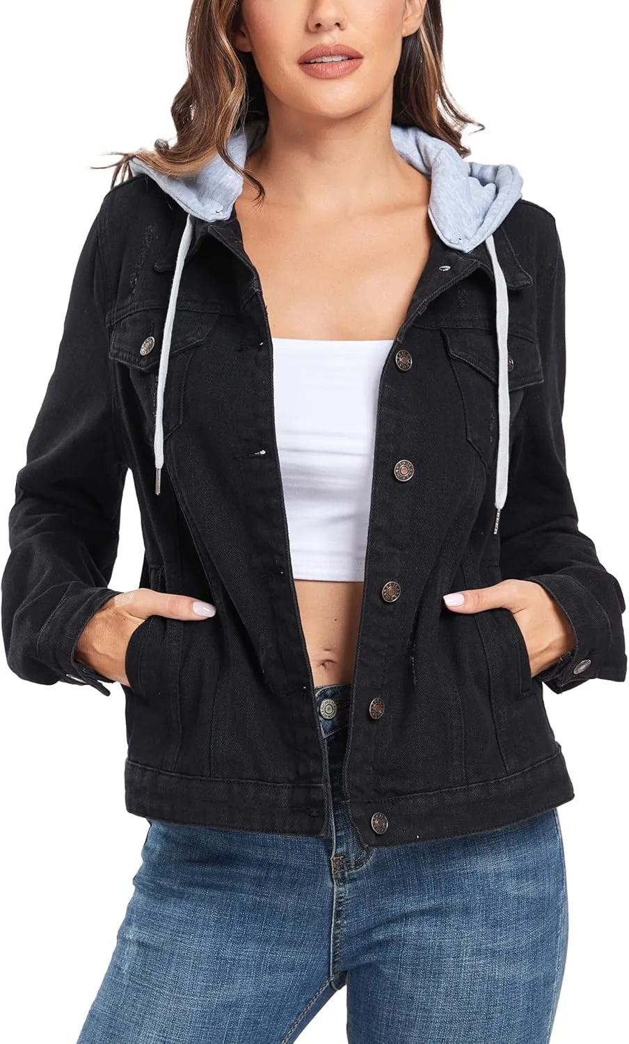 Anienaya Women's Hooded Jean Jacket Drawstring Layered Washed Long Sleeve Detachable Hoodie Denim Jacket w 2 Pockets