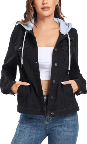 Anienaya Women's Hooded Jean Jacket Drawstring Layered Washed Long Sleeve Detachable Hoodie Denim Jacket w 2 Pockets