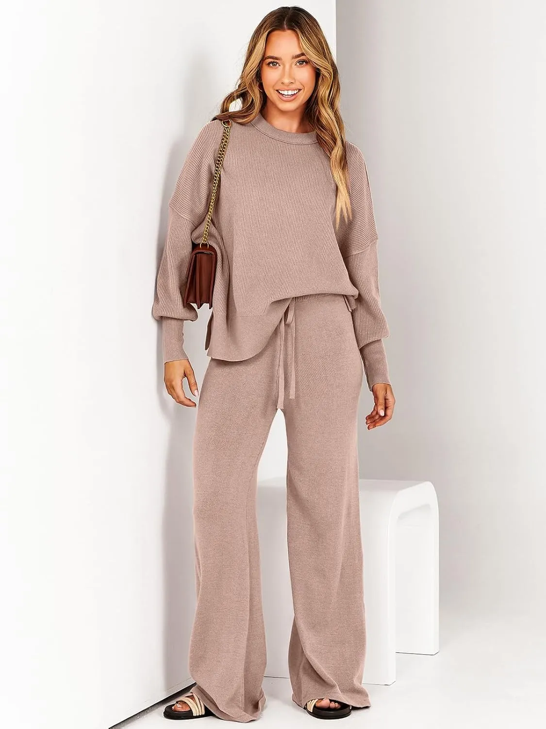 ANRABESS Women 2 Piece Outfits Oversized Chunky Knit Sweater Top Wide Leg Pants 2024 Fall Lounge Set Trendy Cozy Clothes