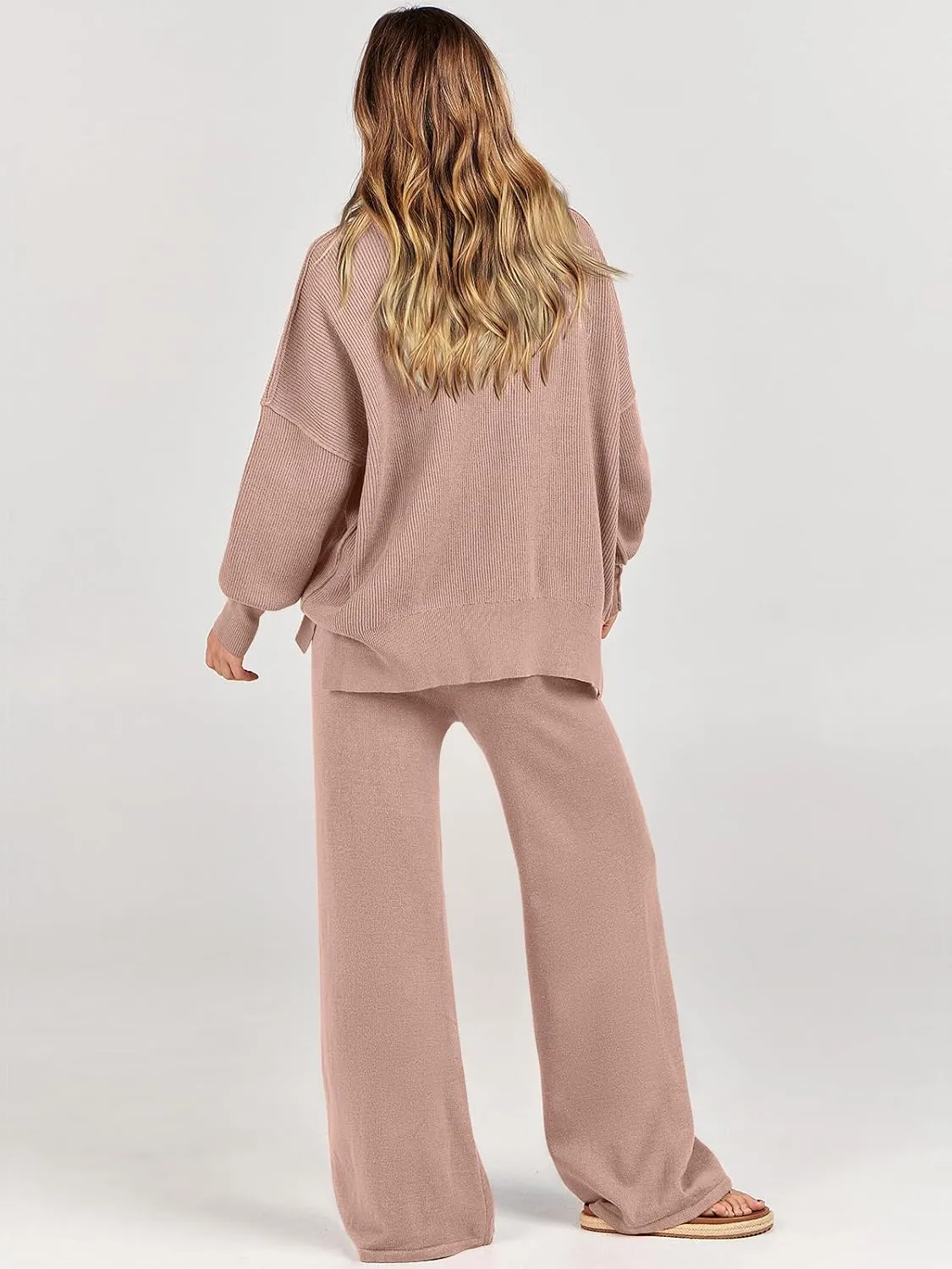 ANRABESS Women 2 Piece Outfits Oversized Chunky Knit Sweater Top Wide Leg Pants 2024 Fall Lounge Set Trendy Cozy Clothes
