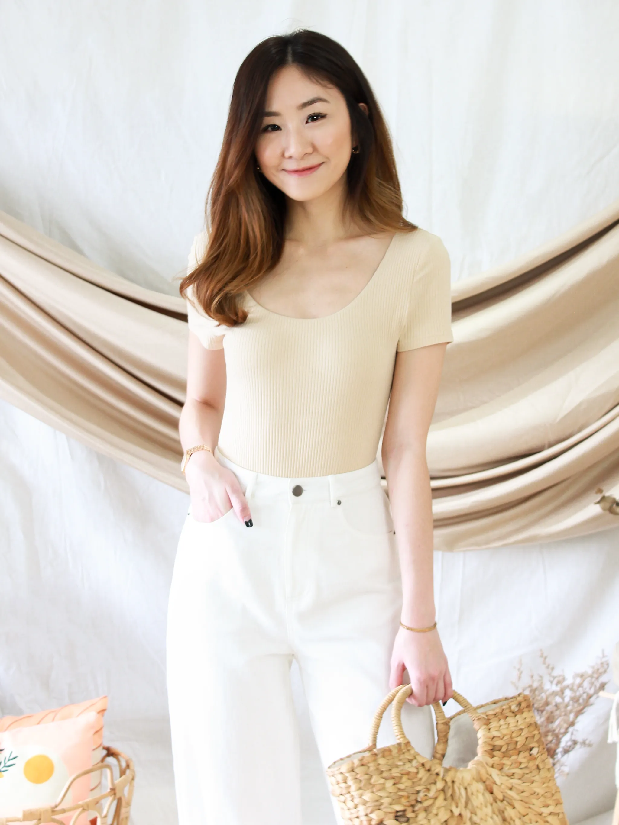 Austin Scoop-back Sleeved Bodysuit in Beige