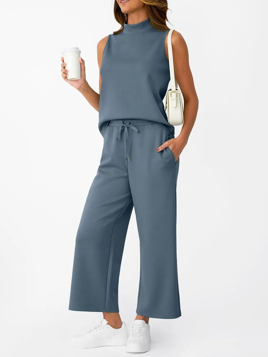 AUTOMET Womens 2 Piece Mock Neck Matching Summer Tracksuit Set Sleeveless Tank Top Wide Leg Crop Pant Sets