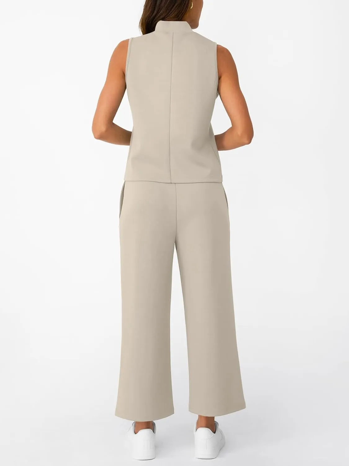 AUTOMET Womens 2 Piece Mock Neck Matching Summer Tracksuit Set Sleeveless Tank Top Wide Leg Crop Pant Sets